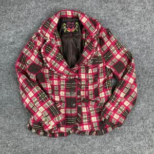 Body Central Blazer Womens Size S Red Brown Plaid Button Up Cropped Jacket